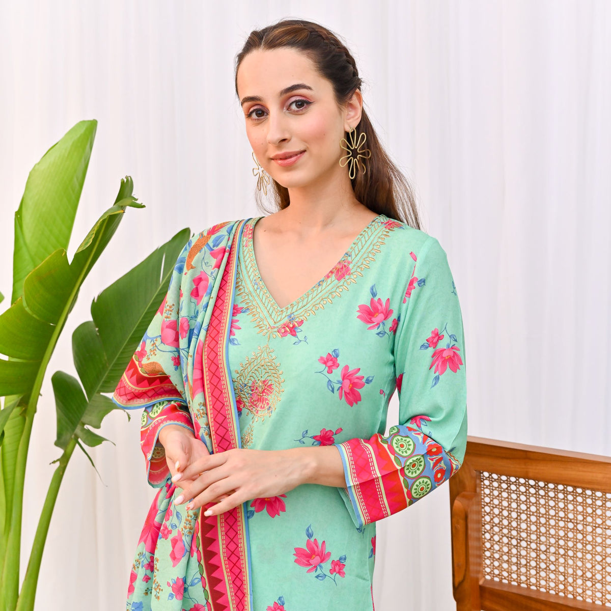 Mint Green Lotus Printed Salwar Kurta Set with Dupatta & Neck Embroidery Detail