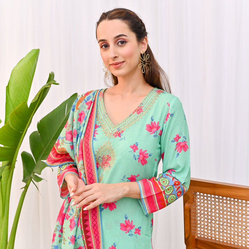 Mint Green Lotus Printed Salwar Kurta Set with Dupatta & Neck Embroidery Detail