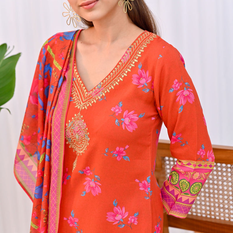 Orange Lotus Printed Salwar Kurta Set with Dupatta & Neck Embroidery Detail