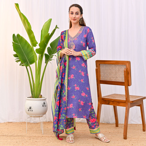 Violet Lotus Printed Salwar Kurta Set with Dupatta & Neck Embroidery Detail