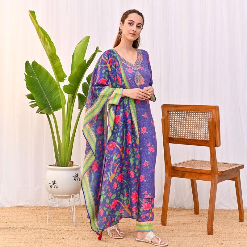 Violet Lotus Printed Salwar Kurta Set with Dupatta & Neck Embroidery Detail