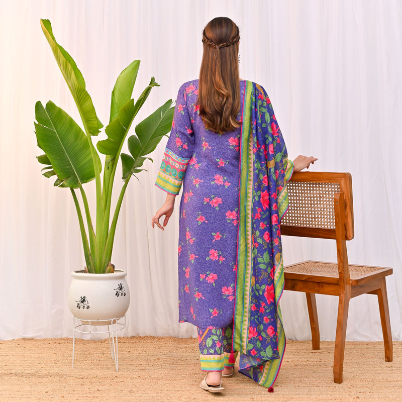 Violet Lotus Printed Salwar Kurta Set with Dupatta & Neck Embroidery Detail