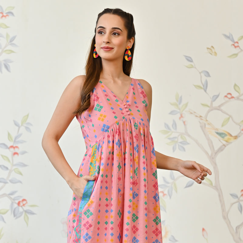 Pale Pink Printed Strappy Shoulder Cotton Maxi Dress
