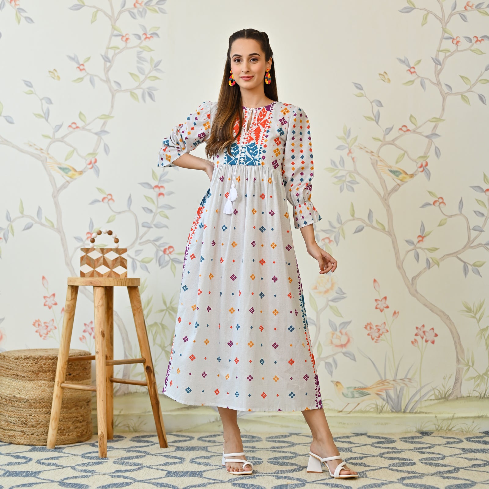 Buy Off White Jamdani Inspired Cotton Dress with Front Tie Up Detail |  Rustorange