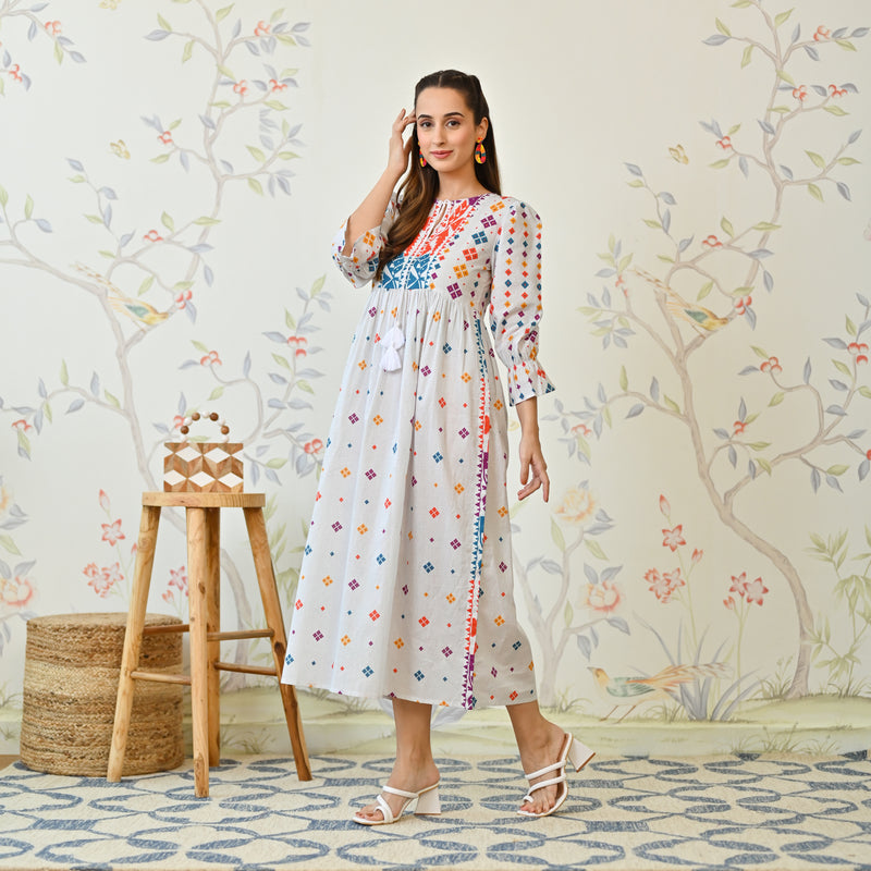 Off White Jamdani Inspired Cotton Dress with Front Tie Up Detail