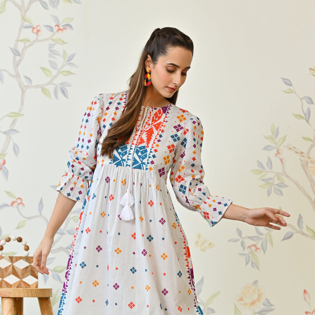 Off White Jamdani Inspired Cotton Dress with Front Tie Up Detail