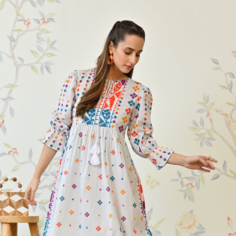 Buy Off White Jamdani Inspired Cotton Dress with Front Tie Up Detail | Rustorange Buy Off White Jamdani Inspired Cotton Dress with Front Tie Up Detail | Rustorange
