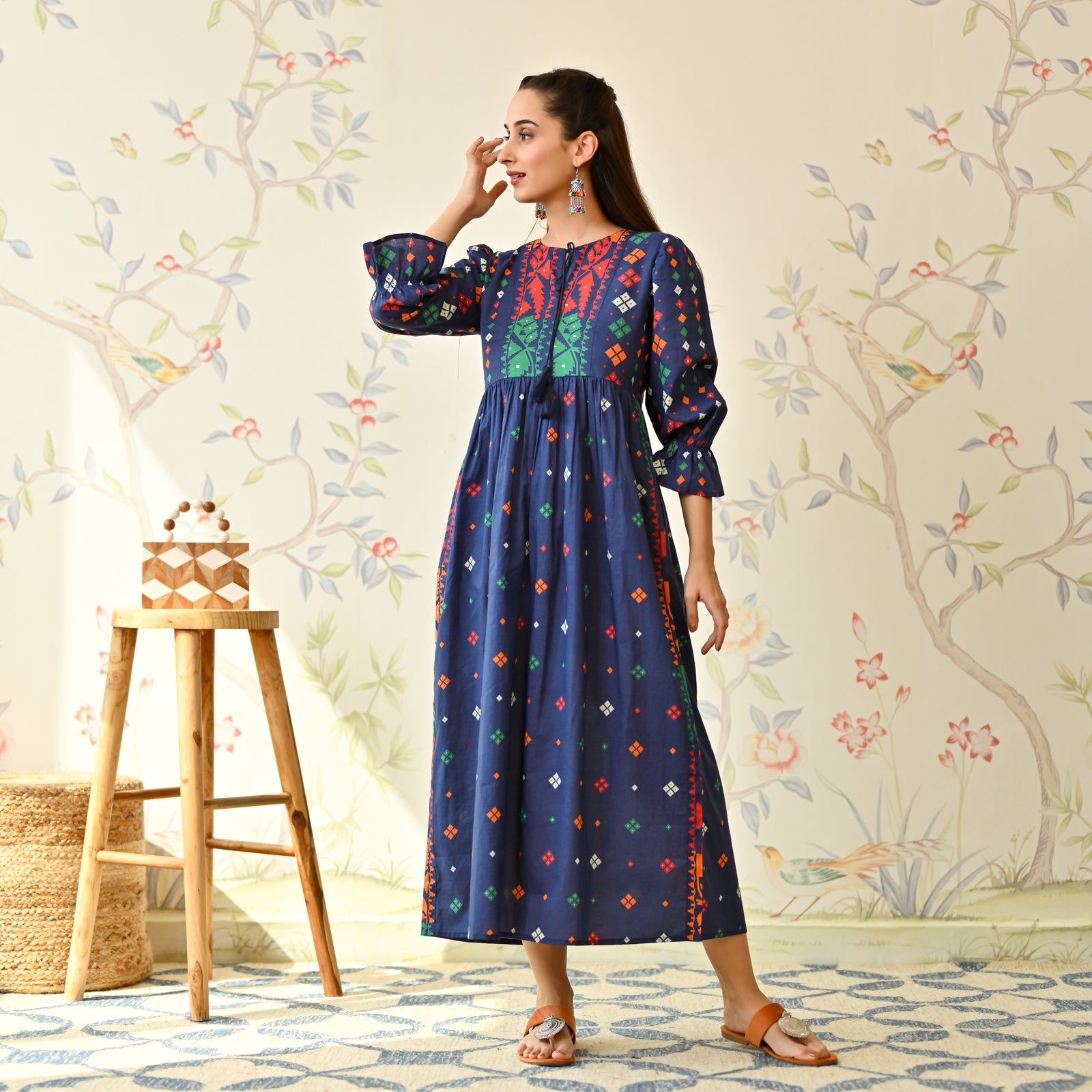 Buy Navy Blue Jamdani Inspired Cotton Dress with Front Tie Up Detail | Rustorange Buy Navy Blue Jamdani Inspired Cotton Dress with Front Tie Up Detail | Rustorange
