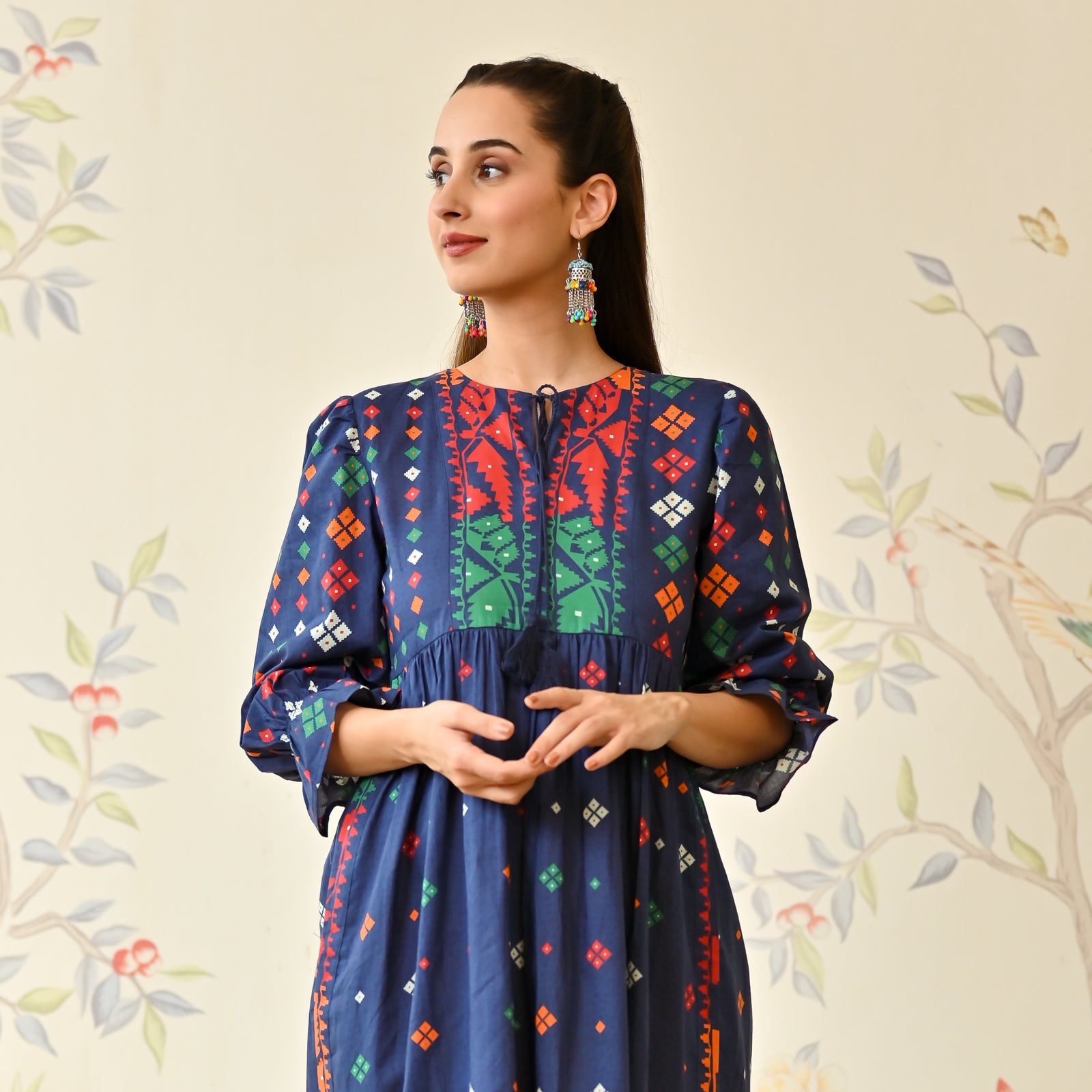 Buy Navy Blue Jamdani Inspired Cotton Dress with Front Tie Up