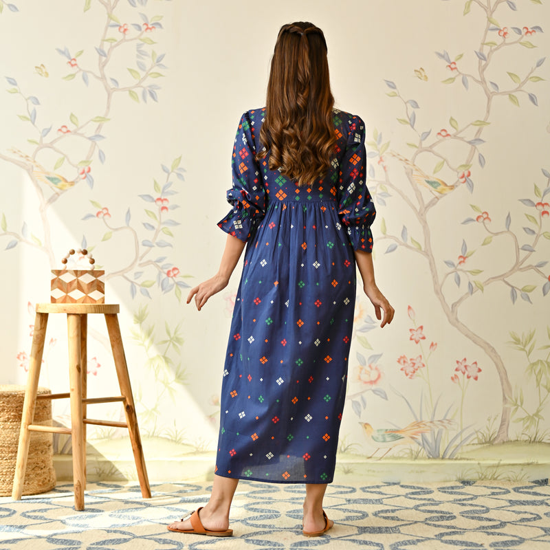 Navy Blue Jamdani Inspired Cotton Dress with Front Tie Up Detail