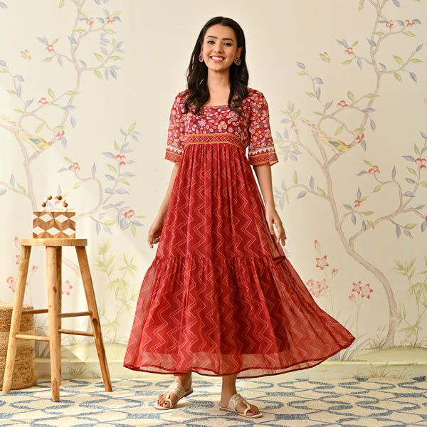 Red Chiffon Kalamkari inspired Tiered Dress
