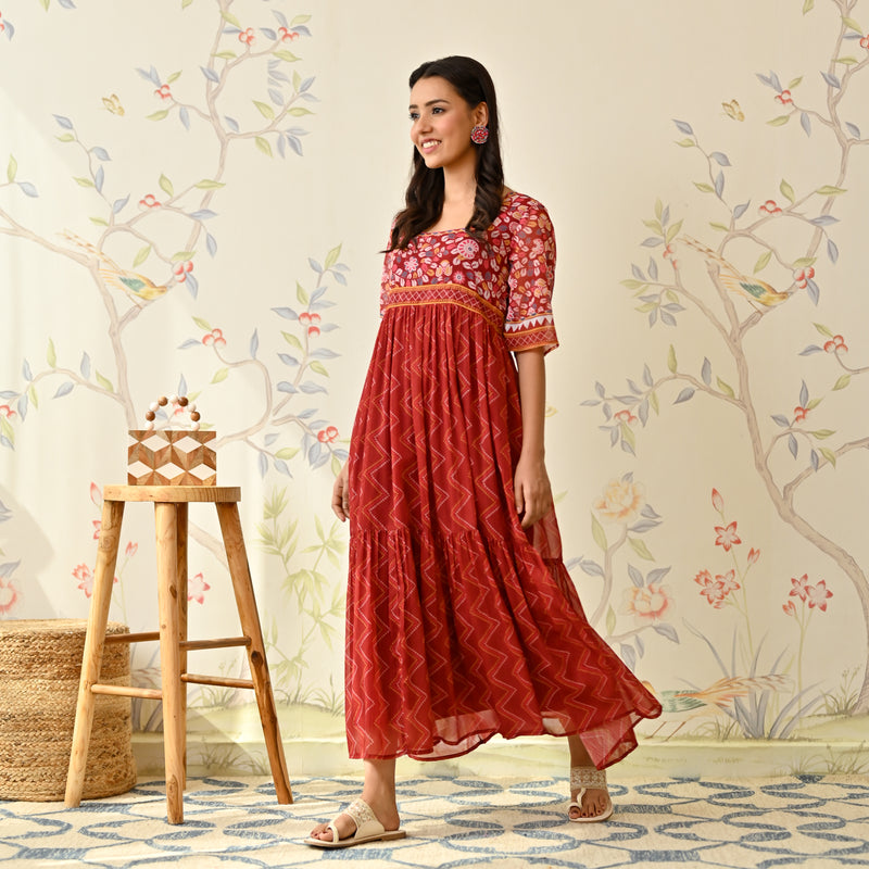 Red Chiffon Kalamkari inspired Tiered Dress