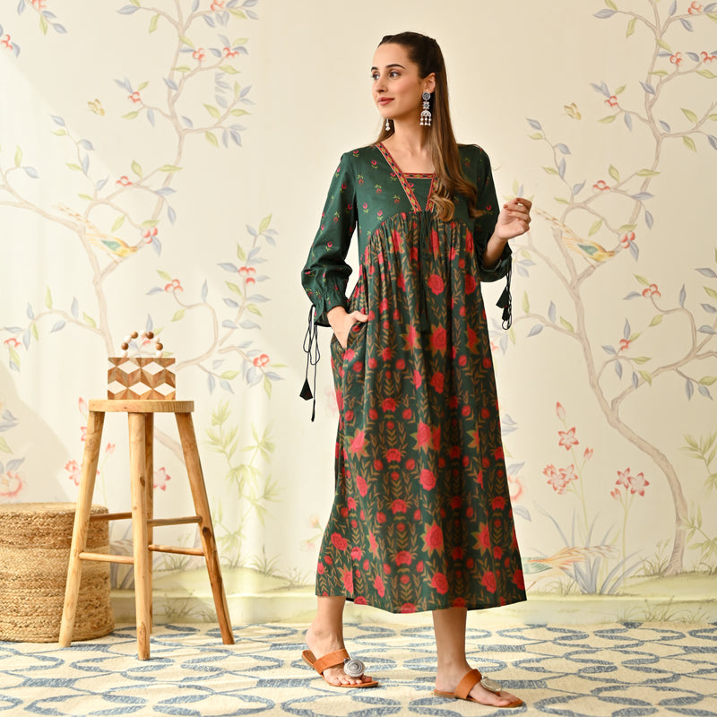 Emerald Green Floral Printed Cotton Dress with Puff Sleeves