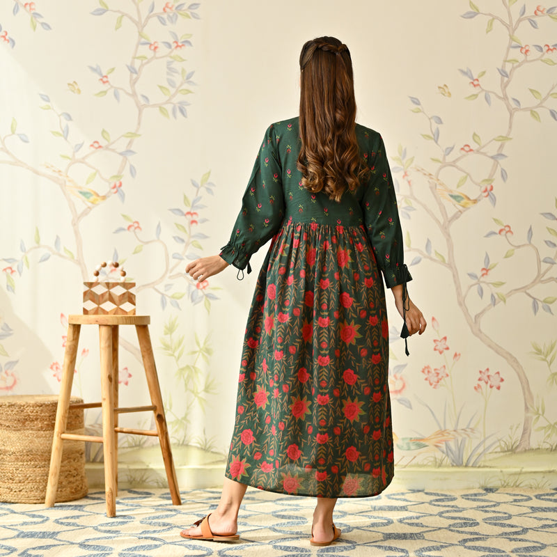 Emerald Green Floral Printed Cotton Dress with Puff Sleeves