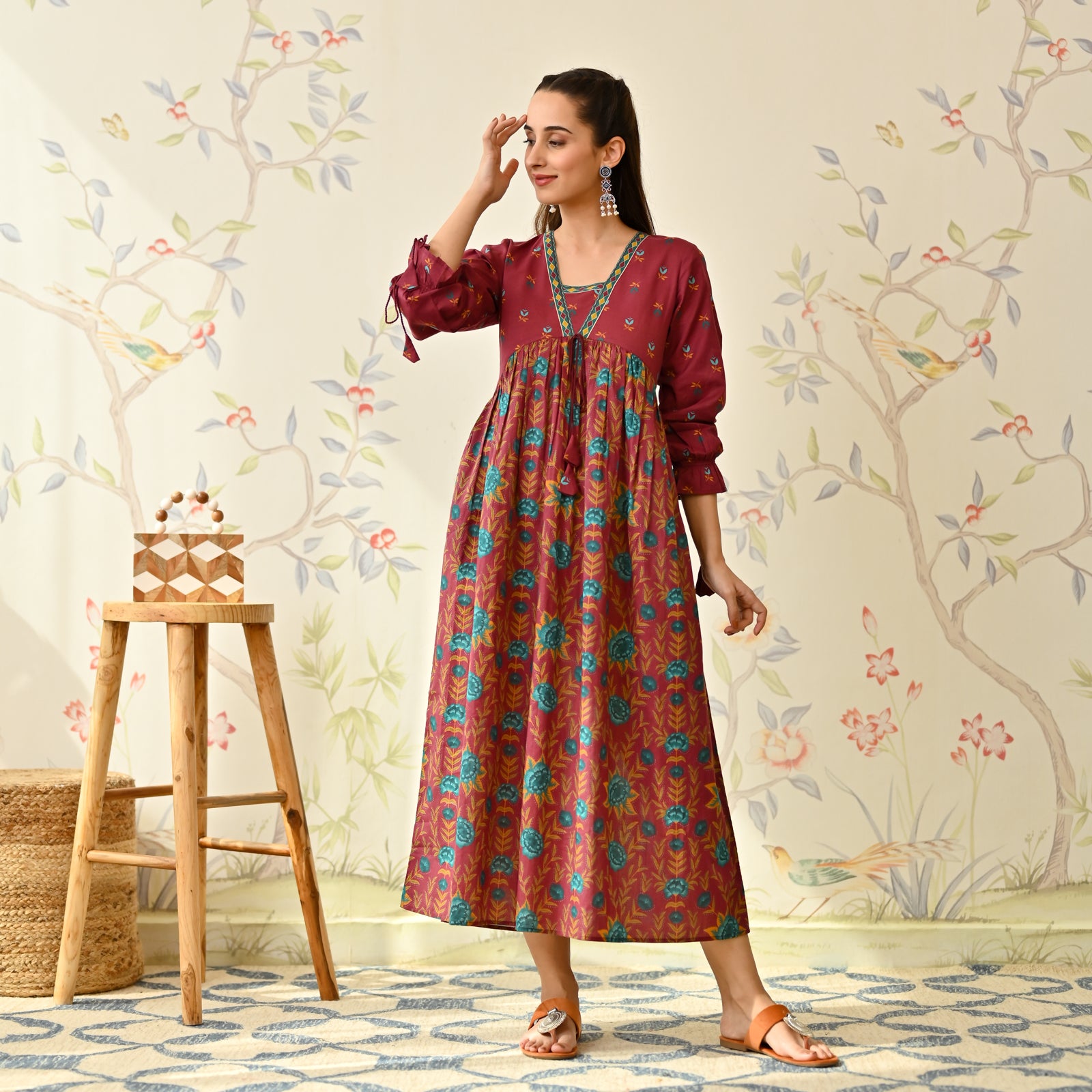 Buy Maroon Floral Printed Cotton Dress with Puff Sleeves | Rustorange Buy Maroon Floral Printed Cotton Dress with Puff Sleeves | Rustorange