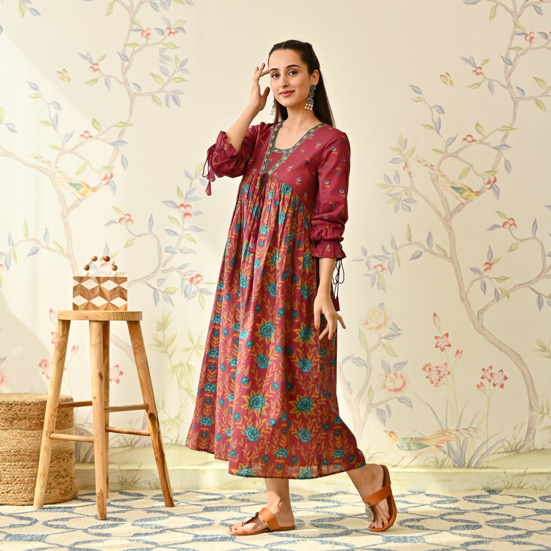 Maroon Floral Printed Cotton Dress with Puff Sleeves