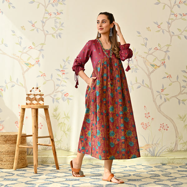 Maroon Floral Printed Cotton Dress with Puff Sleeves