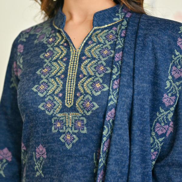 Navy Blue Embroidered Woollen Kurta Set with Dupatta