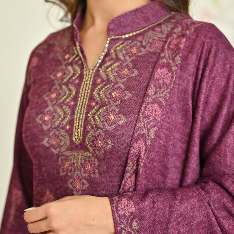 Dusty Pink Embroidered Woollen Kurta Set with Dupatta