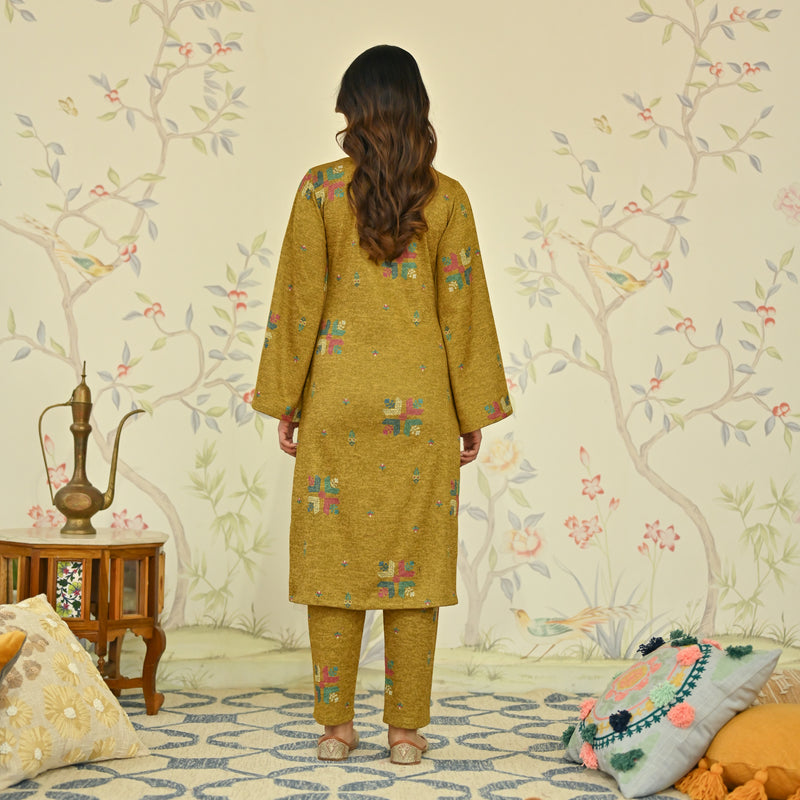 Mustard Phulkari Printed Woollen Kurta Set with Sequins Work