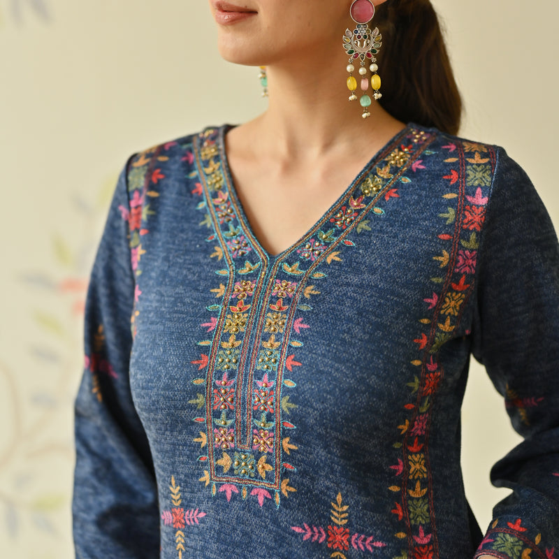 Navy Blue Embroidered & Phulkari Printed Woollen Kurta Pant Set with Dupatta