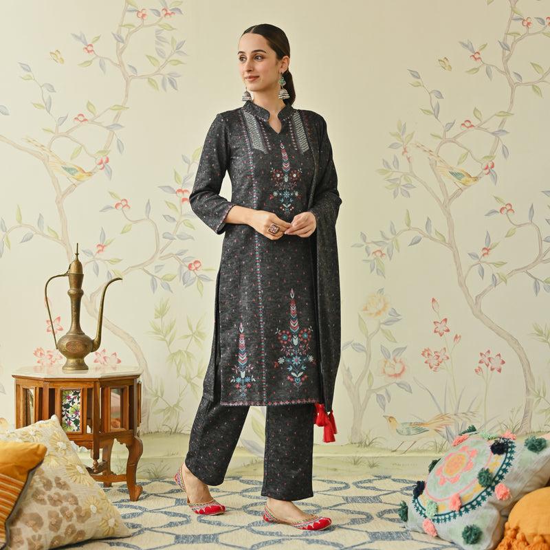 Black Embroidered Woollen Kurta Pant Set with Dupatta