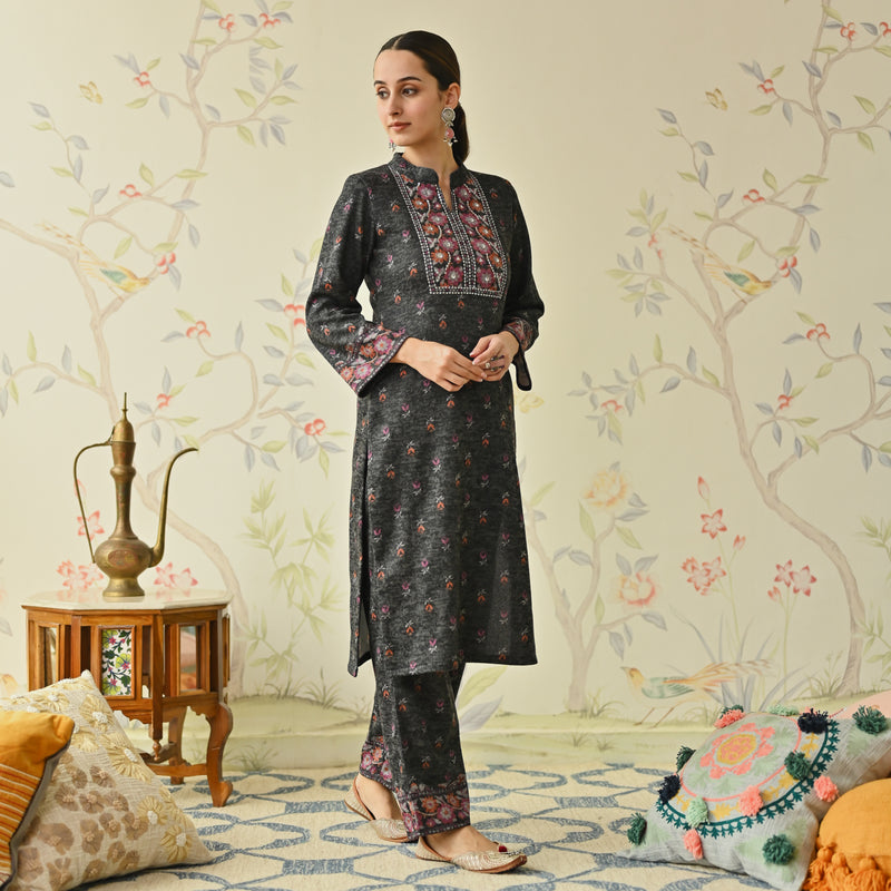 Black Embroidered & Floral Printed Woollen Kurta