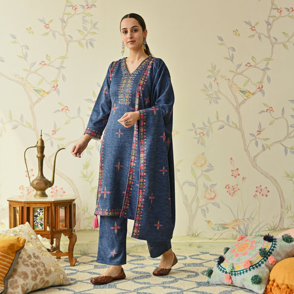 Navy Blue Embroidered & Phulkari Printed Woollen Kurta Pant Set with Dupatta