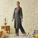 Black Embroidered & Floral Printed Woollen Kurta