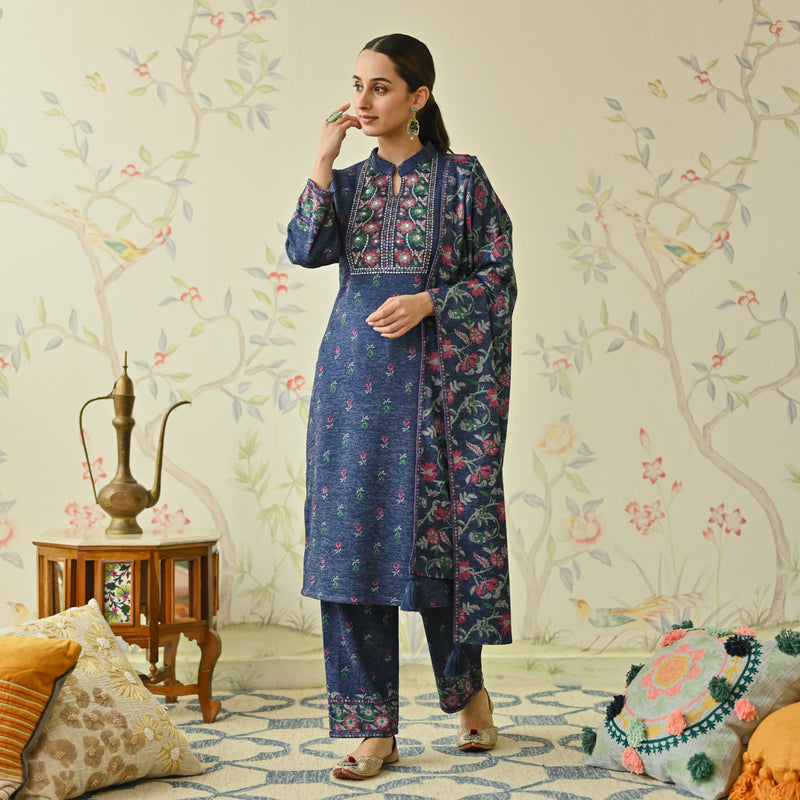 Navy Blue Embroidered & Floral Printed Woollen Kurta Pant Set with Dupatta