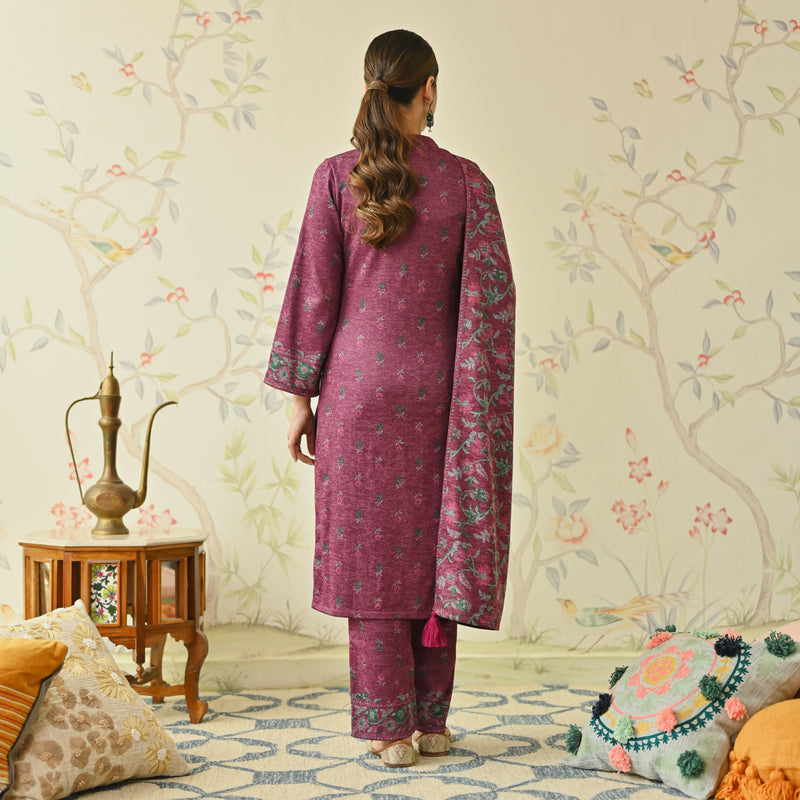Maroon Embroidered & Floral Printed Woollen Kurta Set with Dupatta