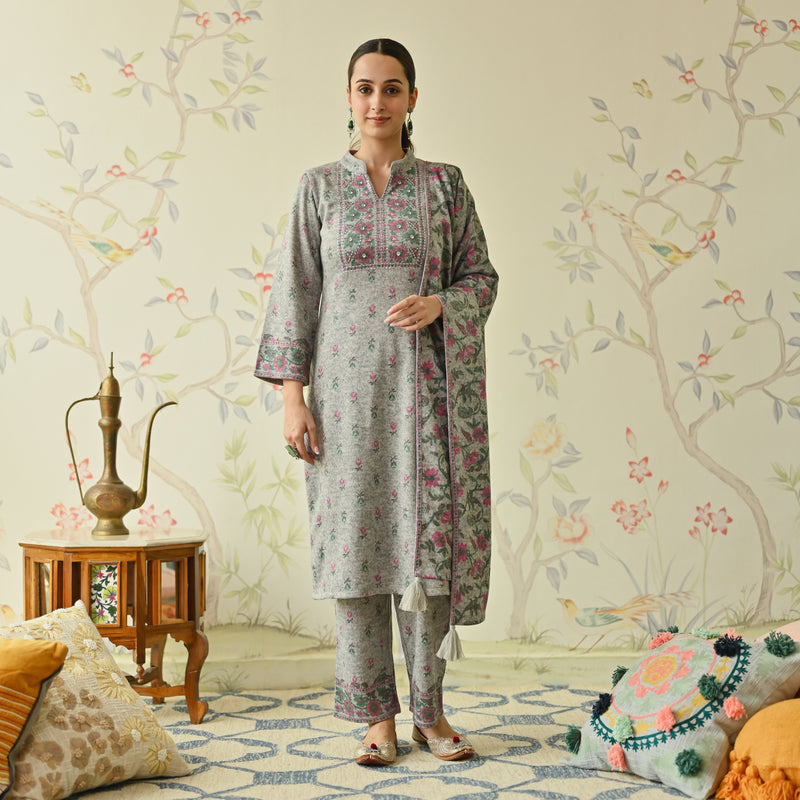 Ivory Embroidered & Floral Printed Woollen Kurta Pant Set with Dupatta