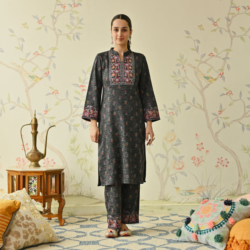 Black Embroidered & Floral Printed Woollen Kurta