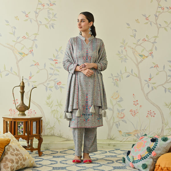 Ivory Embroidered Woollen Kurta Pant Set with Dupatta