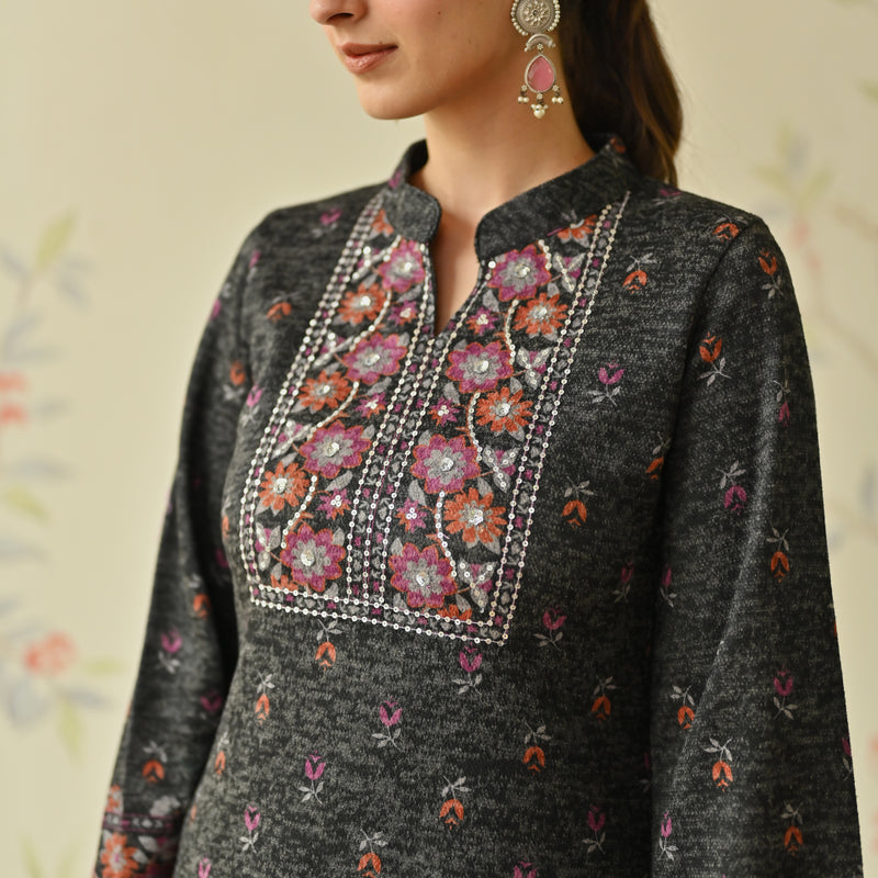 Black Embroidered & Floral Printed Woollen Kurta Pant Set with Dupatta