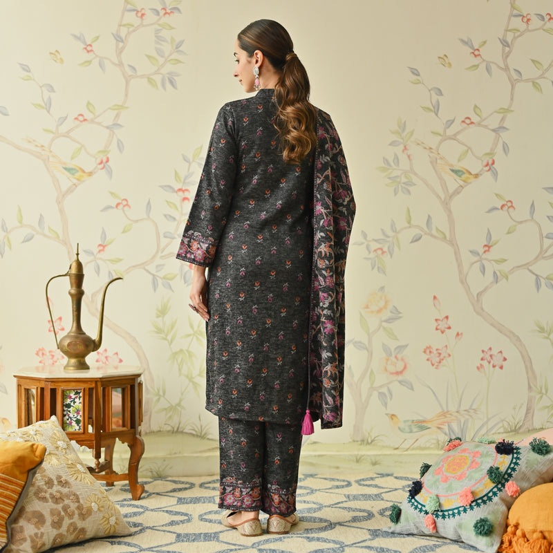 Black Embroidered & Floral Printed Woollen Kurta Pant Set with Dupatta