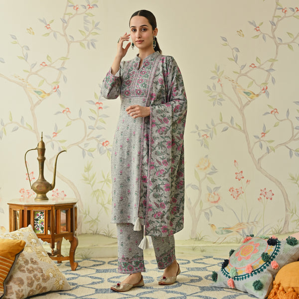 Ivory Embroidered & Floral Printed Woollen Kurta Pant Set with Dupatta