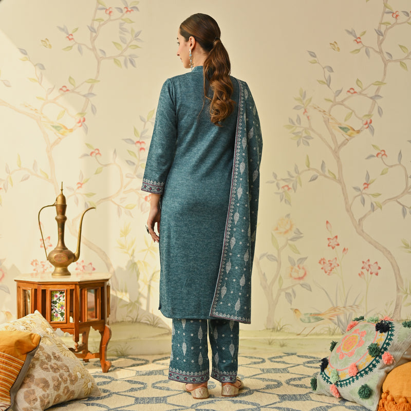 Teal Embroidered & Monotone Woollen Kurta Pant Set with Dupatta