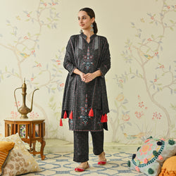 Black Embroidered Woollen Kurta Pant Set with Dupatta