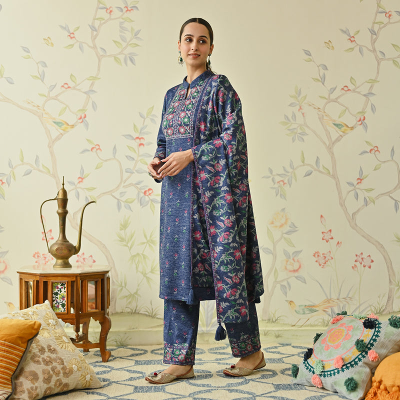 Navy Blue Embroidered & Floral Printed Woollen Kurta Pant Set with Dupatta