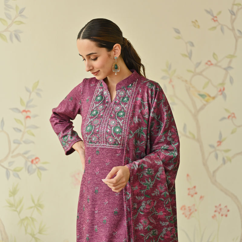 Maroon Embroidered & Floral Printed Woollen Kurta Set with Dupatta