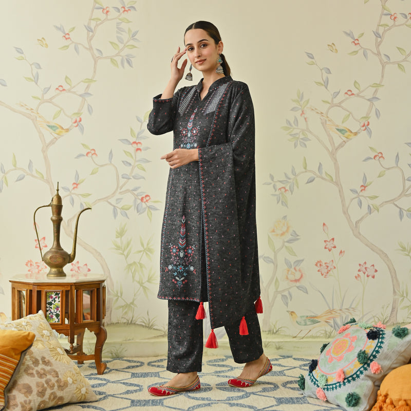 Black Embroidered Woollen Kurta Pant Set with Dupatta