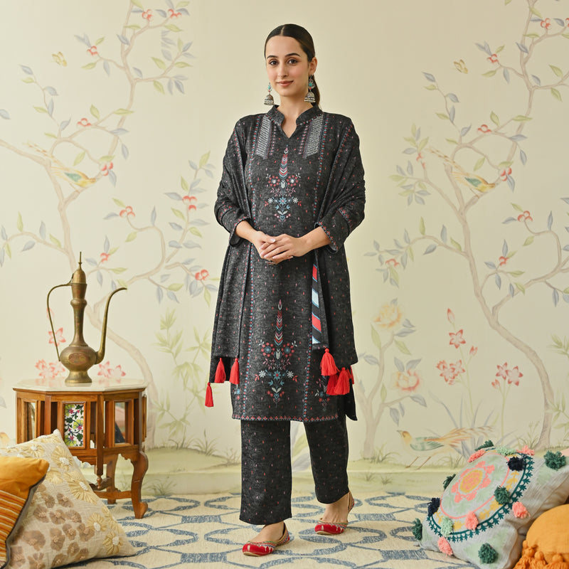 Black Embroidered Woollen Kurta Pant Set with Dupatta