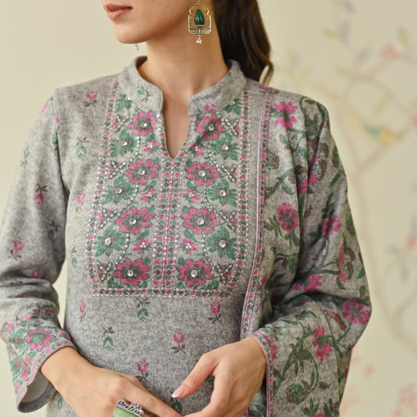 Ivory Embroidered & Floral Printed Woollen Kurta Pant Set with Dupatta