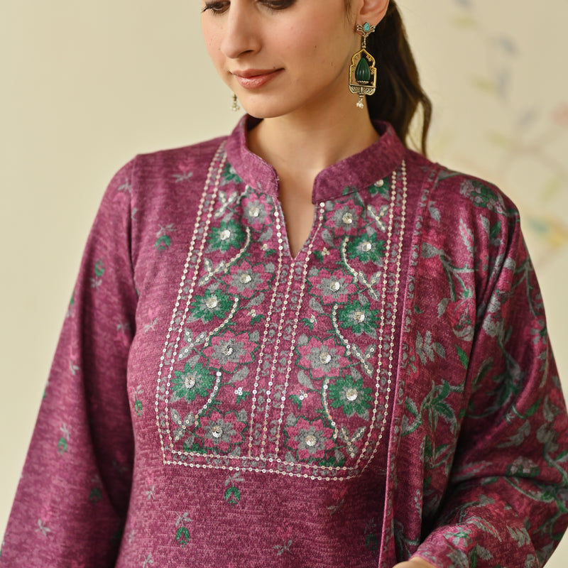 Maroon Embroidered & Floral Printed Woollen Kurta Set with Dupatta