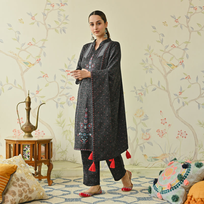 Black Embroidered Woollen Kurta Pant Set with Dupatta