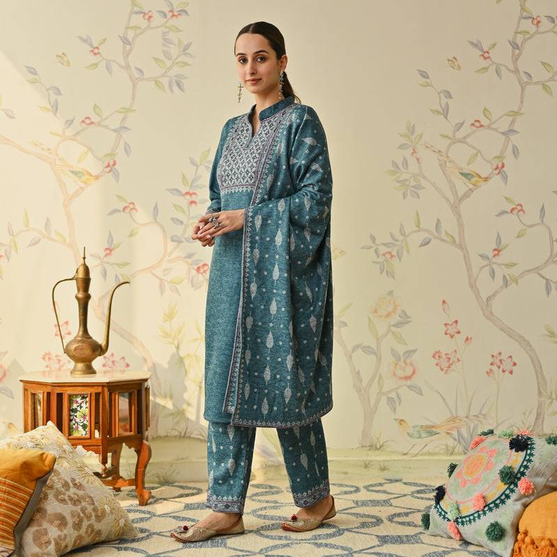 Teal Embroidered & Monotone Woollen Kurta Pant Set with Dupatta