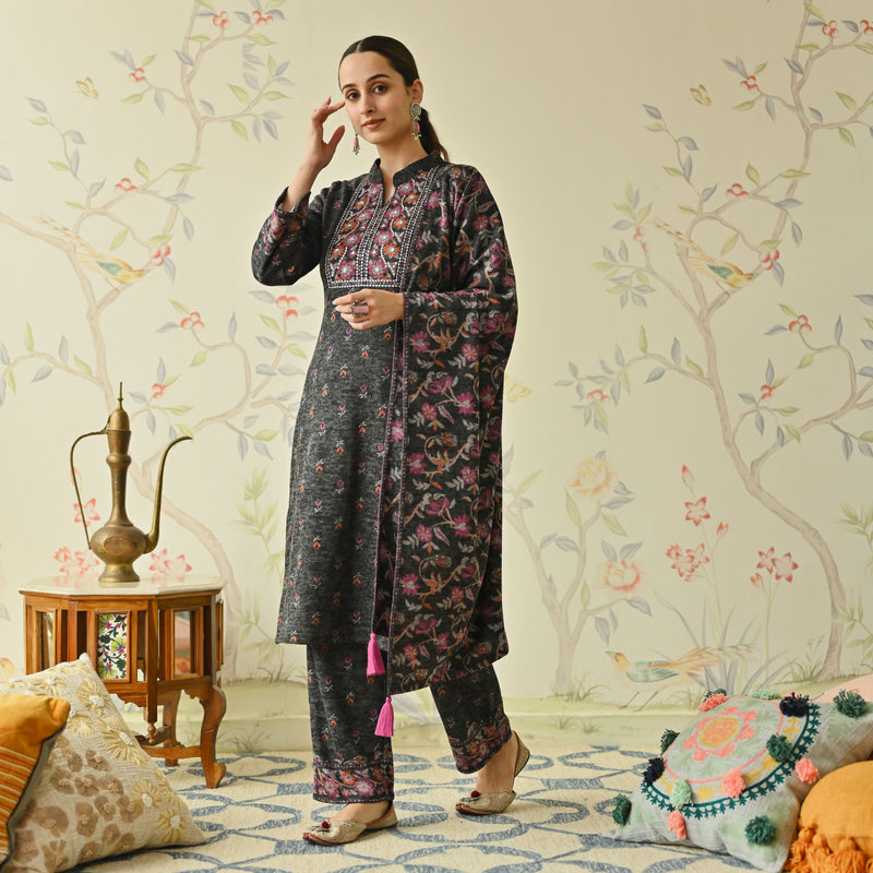 Black Embroidered & Floral Printed Woollen Kurta Pant Set with Dupatta