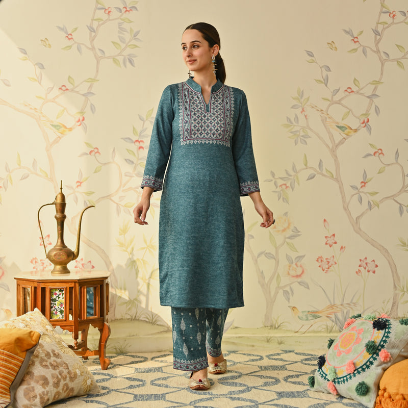 Teal Embroidered & Monotone Woollen Kurta