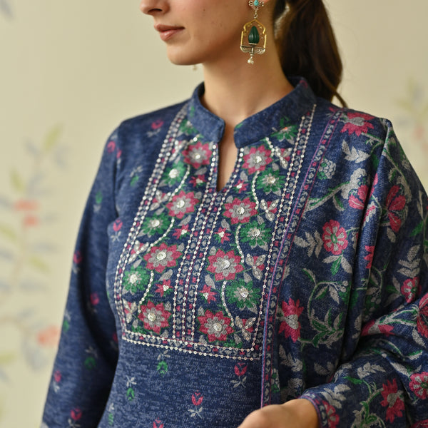 Navy Blue Embroidered & Floral Printed Woollen Kurta Pant Set with Dupatta